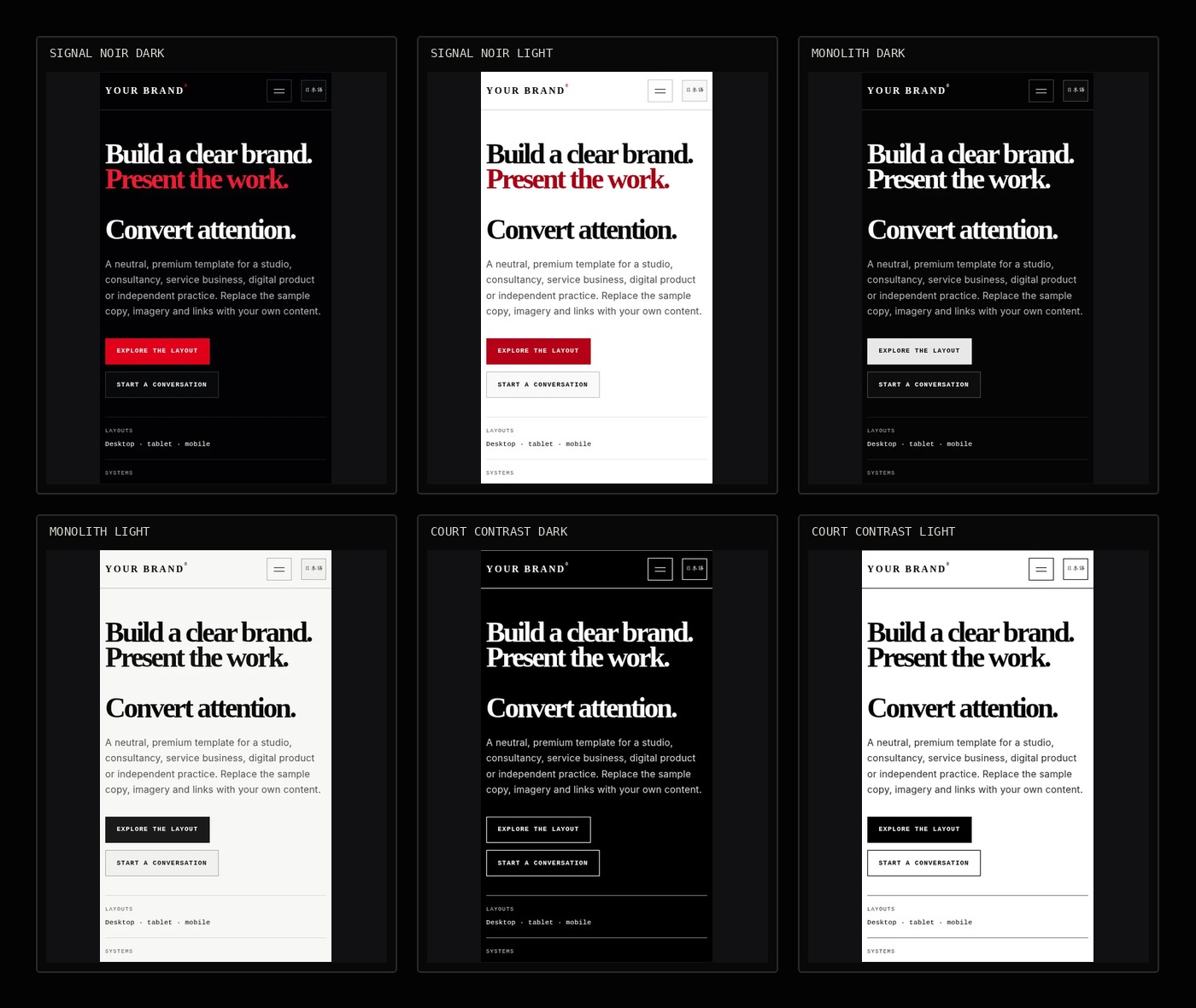 Mobile overview of all six premium theme editions