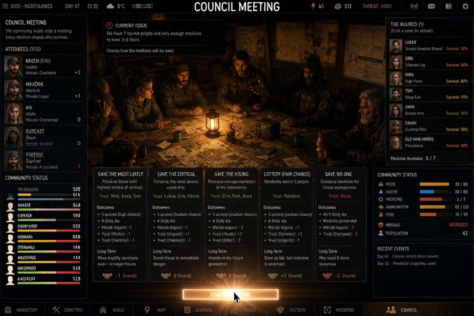 Frame from the TG concept clip showing a council facing a limited-medicine leadership decision