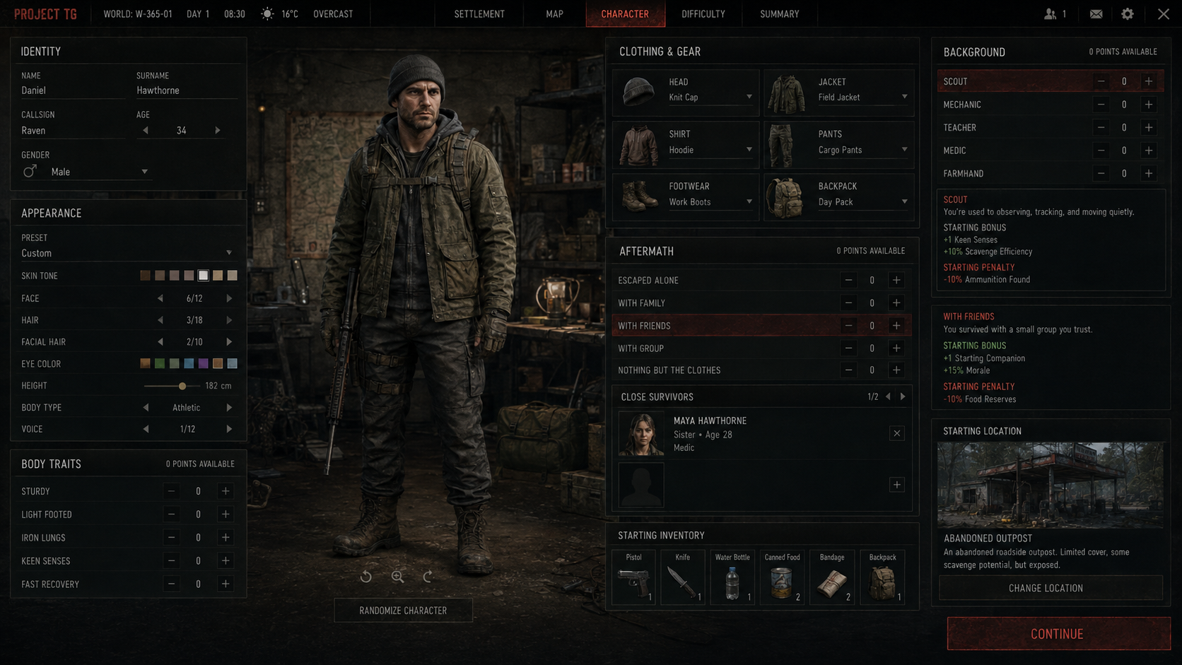 TG character creation interface showing identity, appearance, background, aftermath, close survivors and starting inventory before entering the world