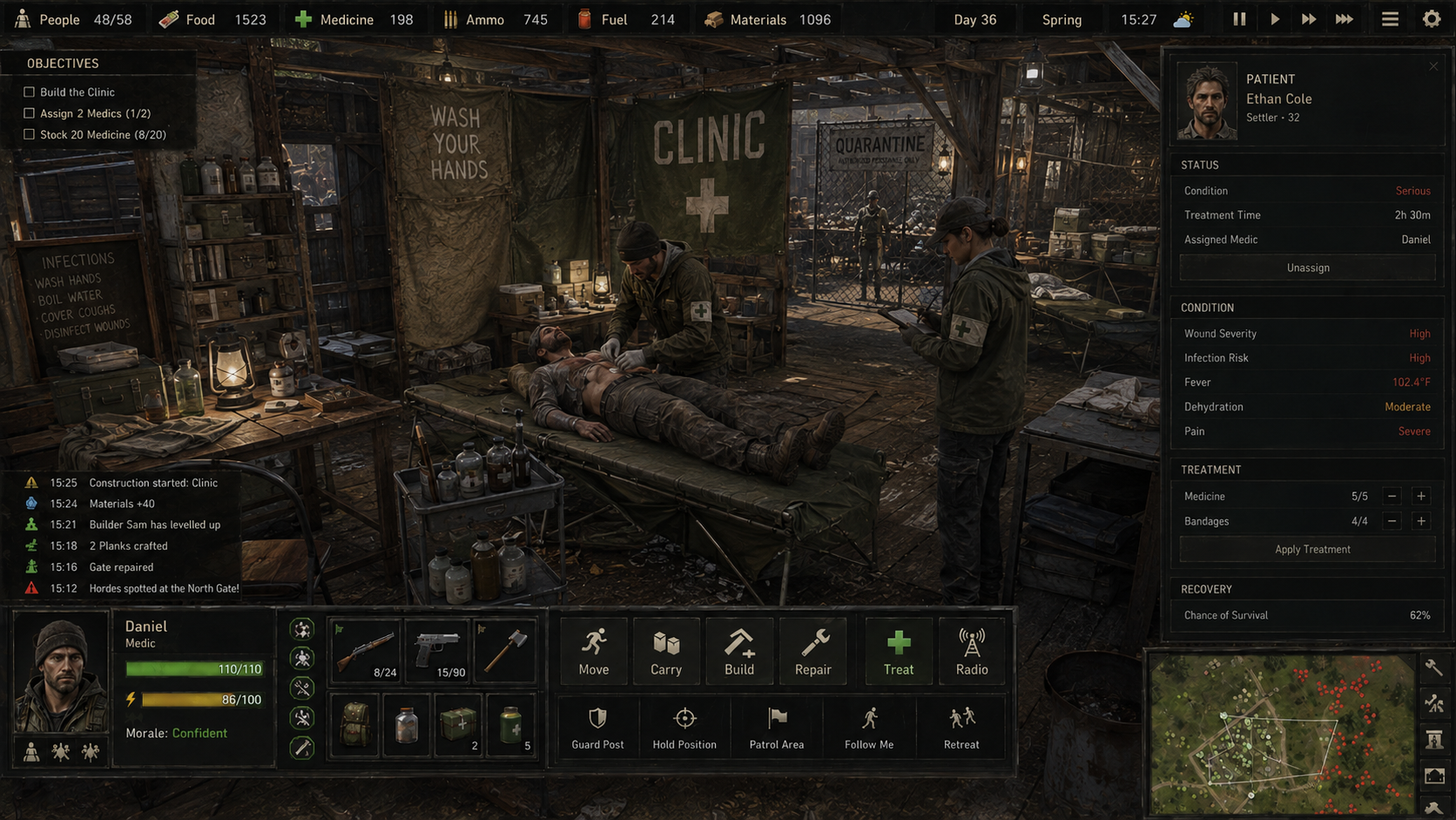 TG clinic treatment interface showing a wounded patient, quarantine area, infection warnings and persistent medical state inside a defended community clinic