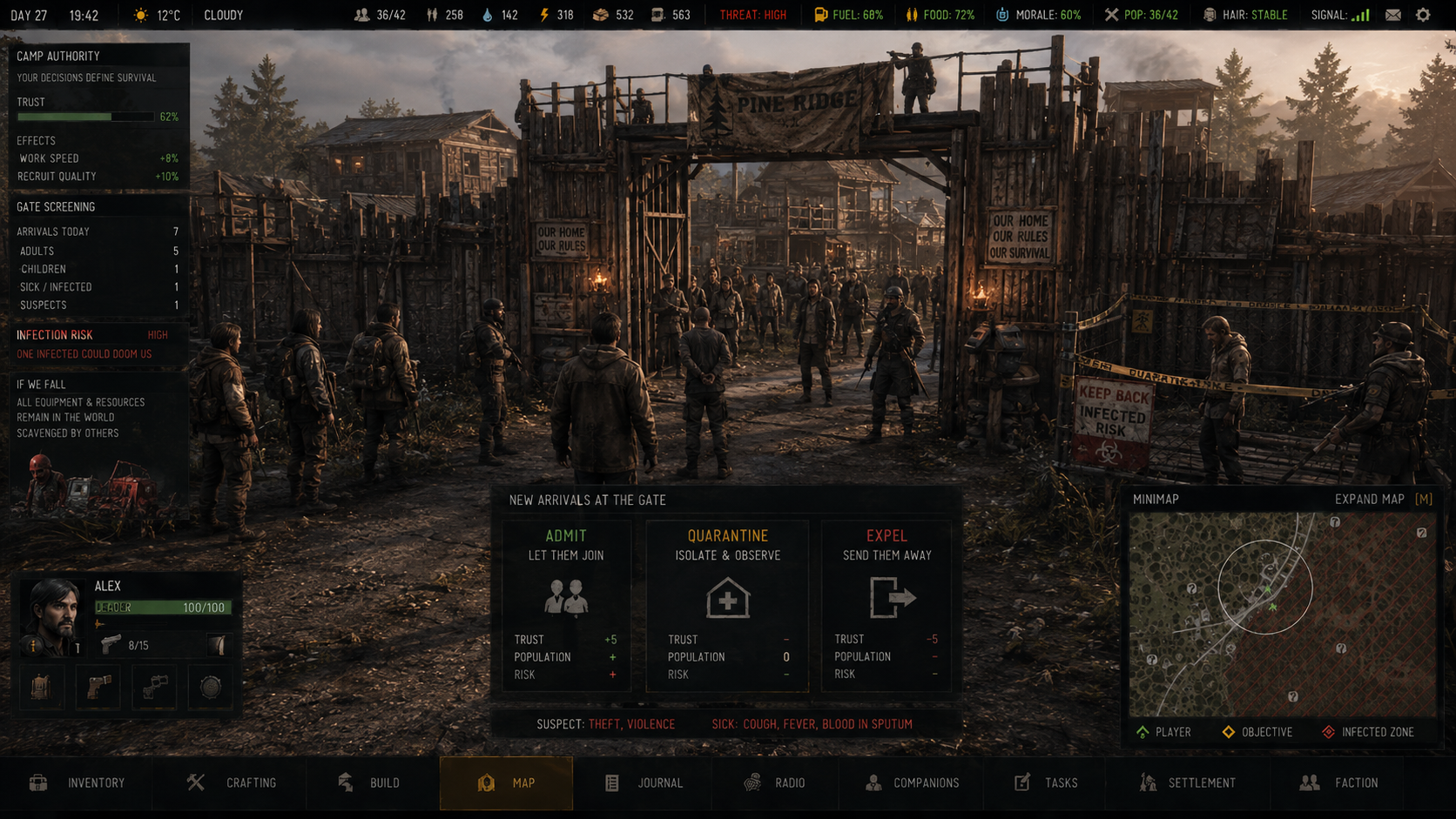TG community gate interface showing leader choices to admit, quarantine or expel new arrivals while infection risk and suspect history remain uncertain