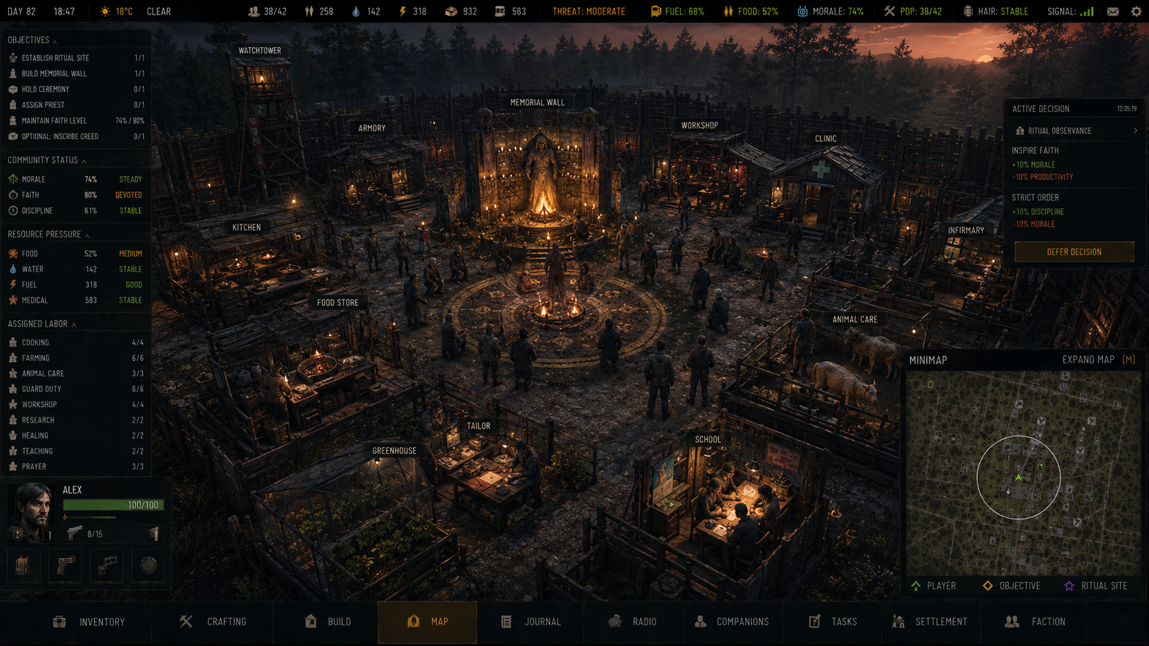 TG settlement interface showing a player-created ritual gathering with a memorial, community roles, animal care, food stores and active work assignments