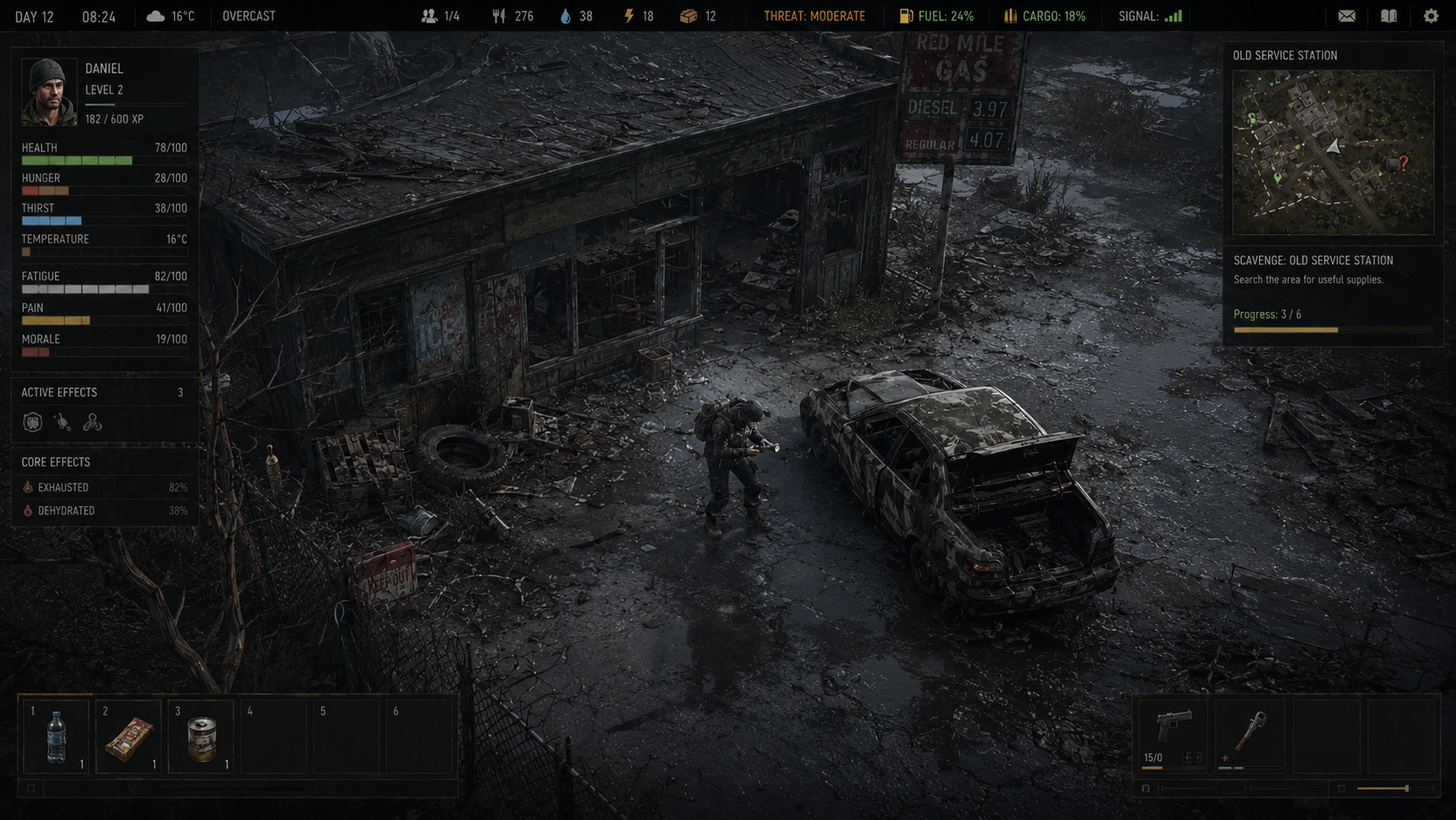 TG early survival interface showing a lone survivor in cold rain outside the Red Mile Gas station with low food, low water, fatigue, pain and scavenging pressure