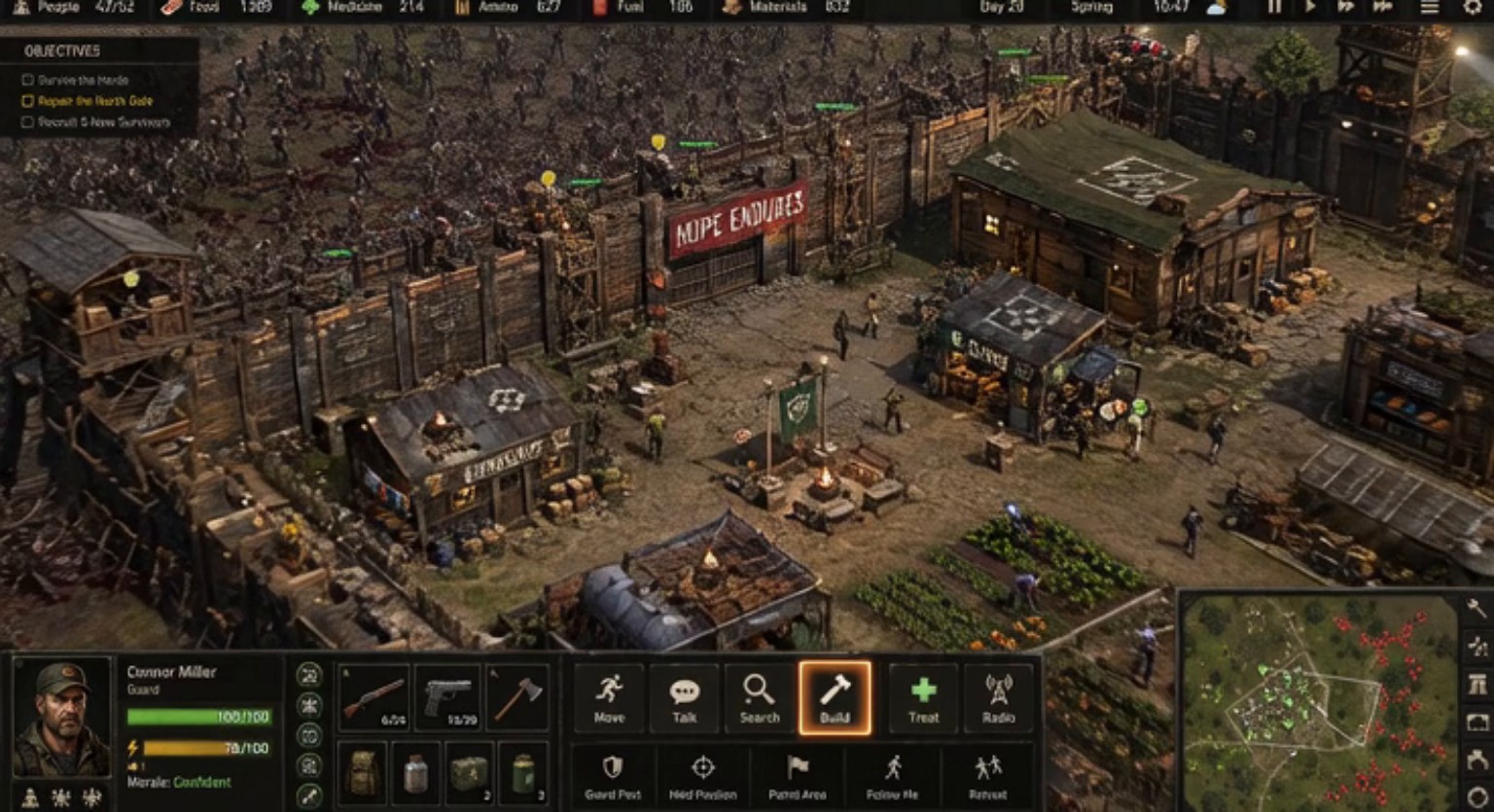 TG concept interface showing a defended settlement gate with guards, fortifications and a dense infected mass outside the wall