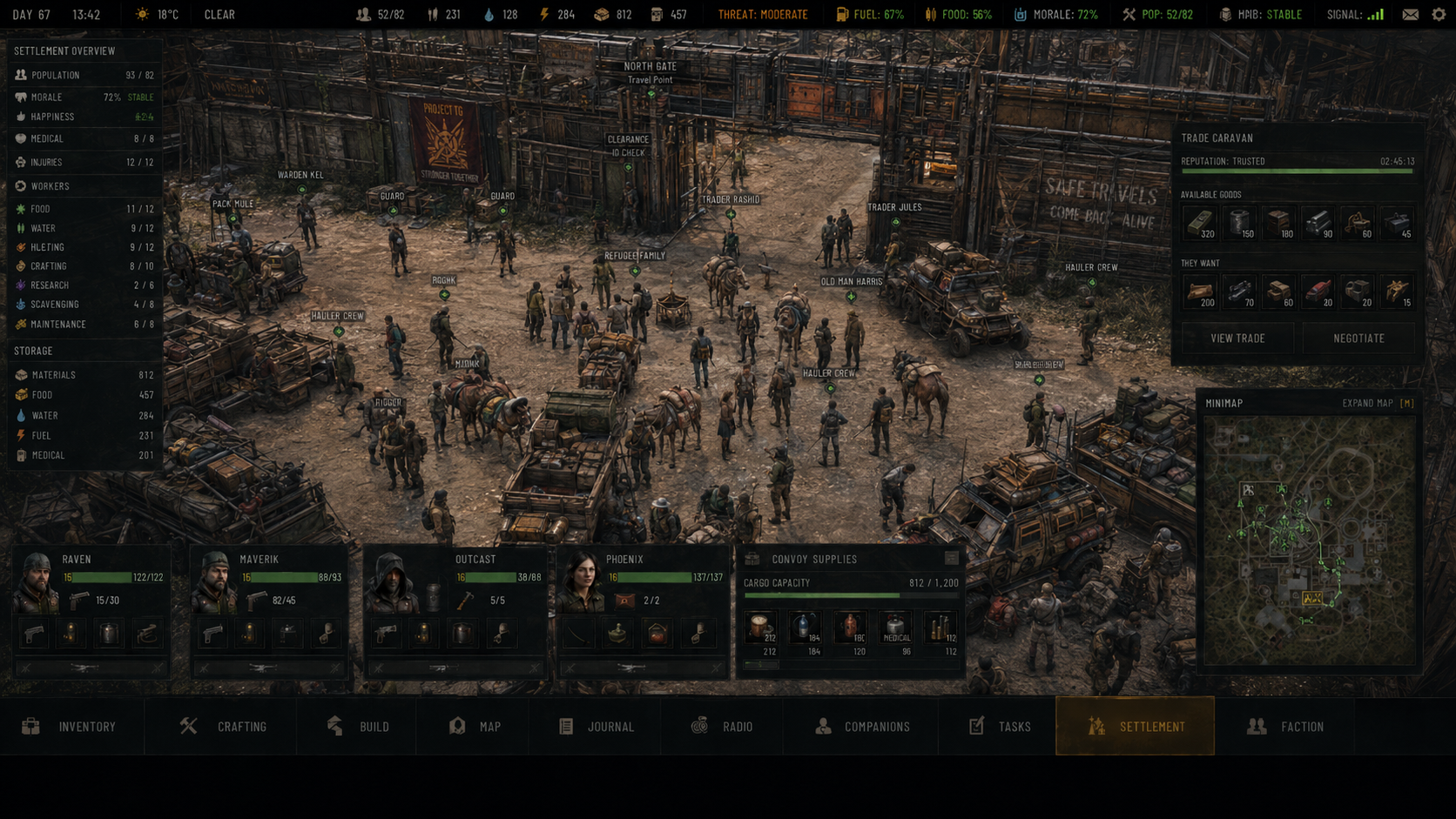 TG settlement gate interface showing a trade caravan, pack animals, vehicles, guards, refugees and trade controls