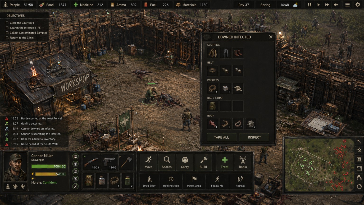 TG concept interface showing a survivor searching a downed infected person and transferring clothing, tools and body parts into inventory
