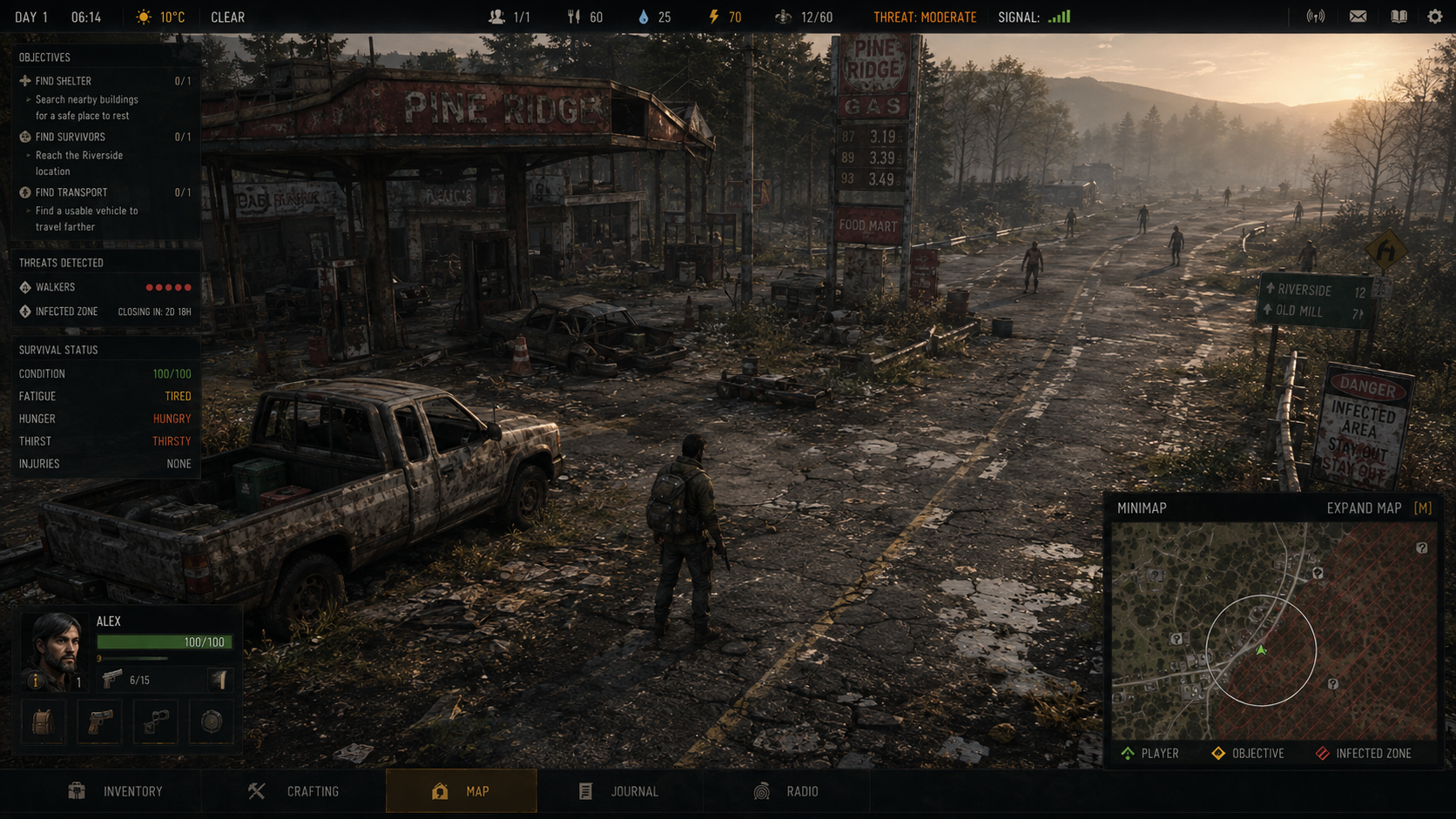 TG solo start interface showing one survivor near an abandoned petrol station with immediate shelter, survivor contact and transport objectives
