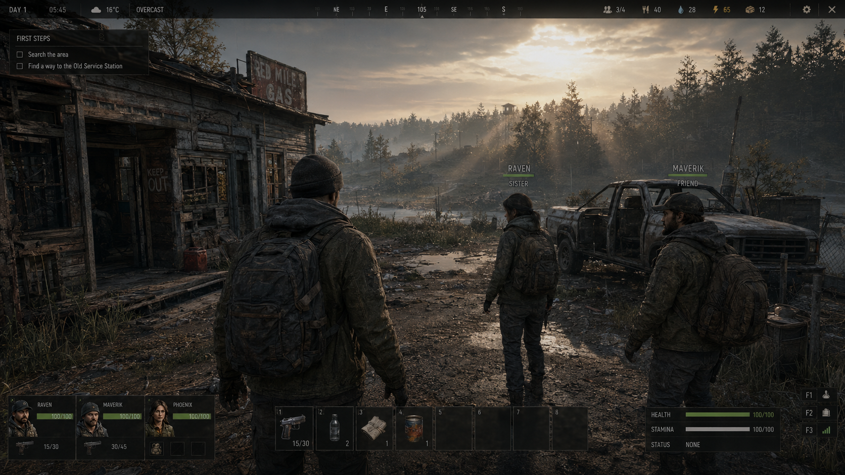 TG starting scene showing a newly entered survivor with two close companions at a ruined roadside gas station during first-day play