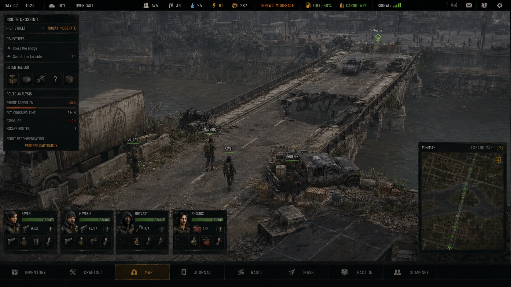TG route interface showing a survivor group assessing a damaged bridge, abandoned vehicles and slow infected beyond the crossing
