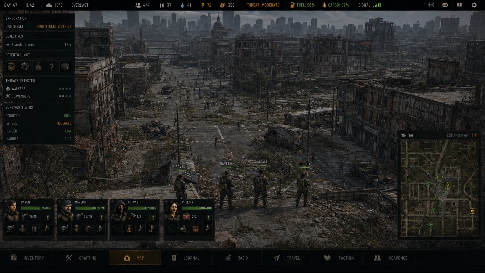 TG exploration interface showing survivors looking across a large abandoned city district with distant slow infected and multiple streets to search