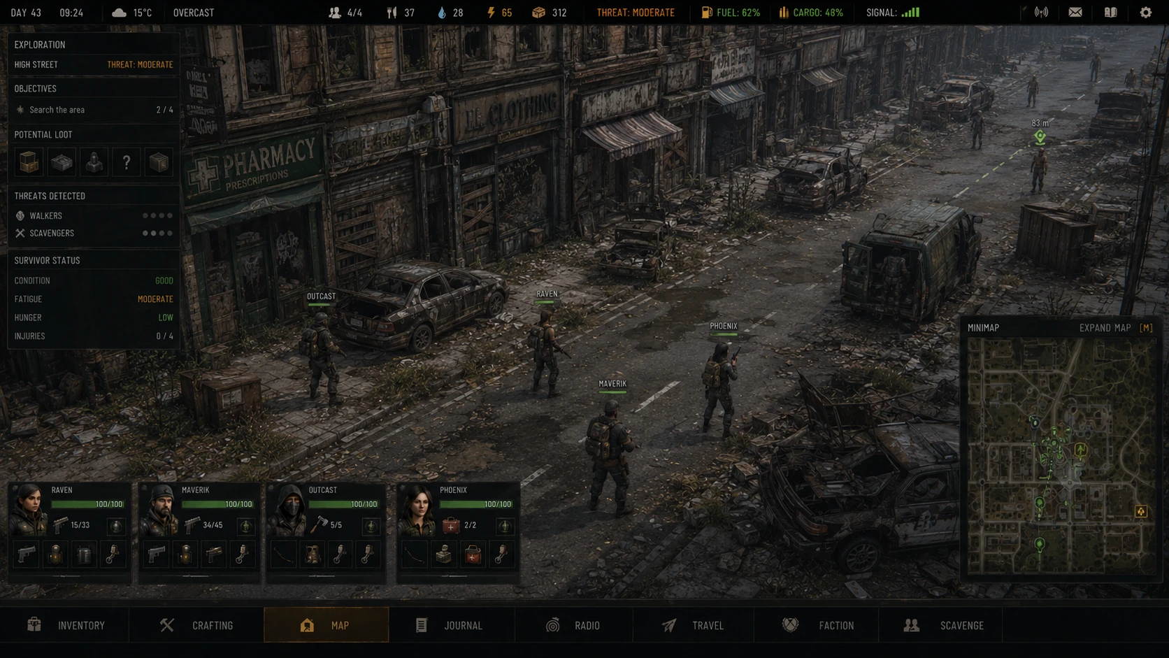 TG exploration interface showing survivors scavenging an abandoned high street with pharmacy, shops, damaged vehicles and slow infected further up the road