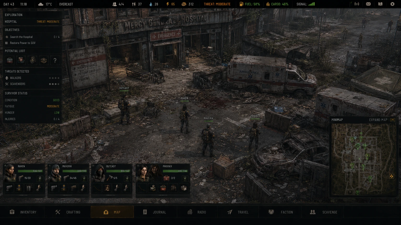 TG exploration interface showing a survivor group outside an abandoned hospital with ambulances, medical access points and slow infected in the distance