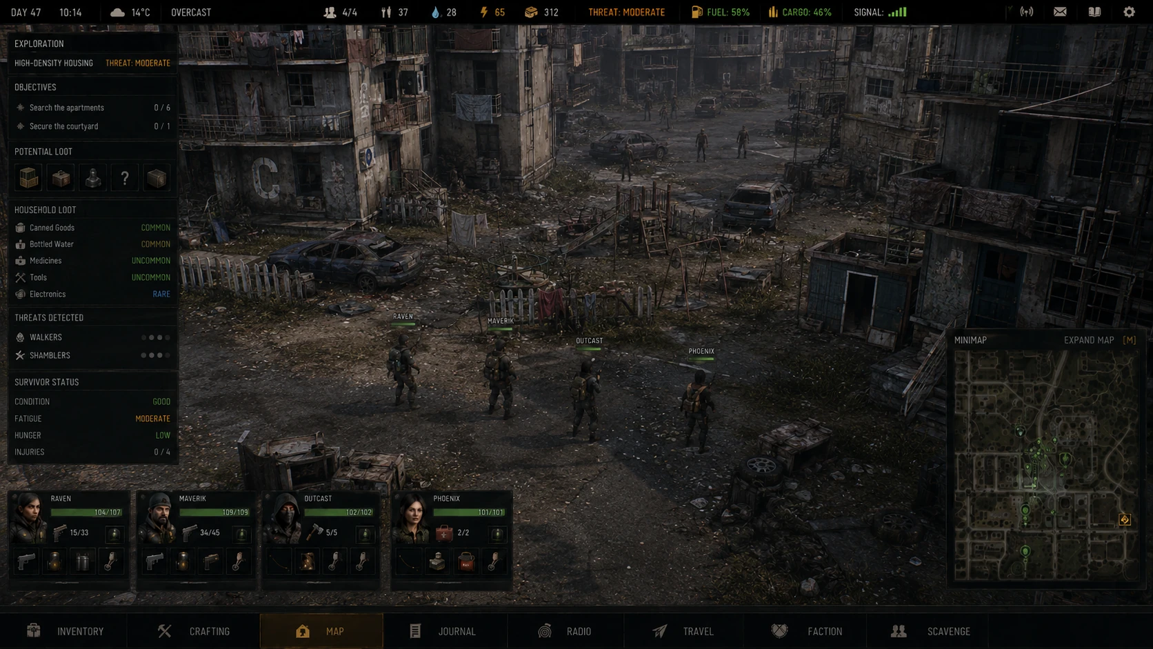 TG exploration interface showing survivors inside an abandoned high-density housing courtyard with apartments, household loot and slow infected beyond the group