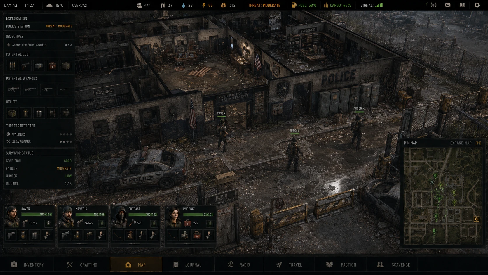 TG exploration interface showing survivors entering an abandoned police station with evidence rooms, holding areas, police vehicle and secured storage