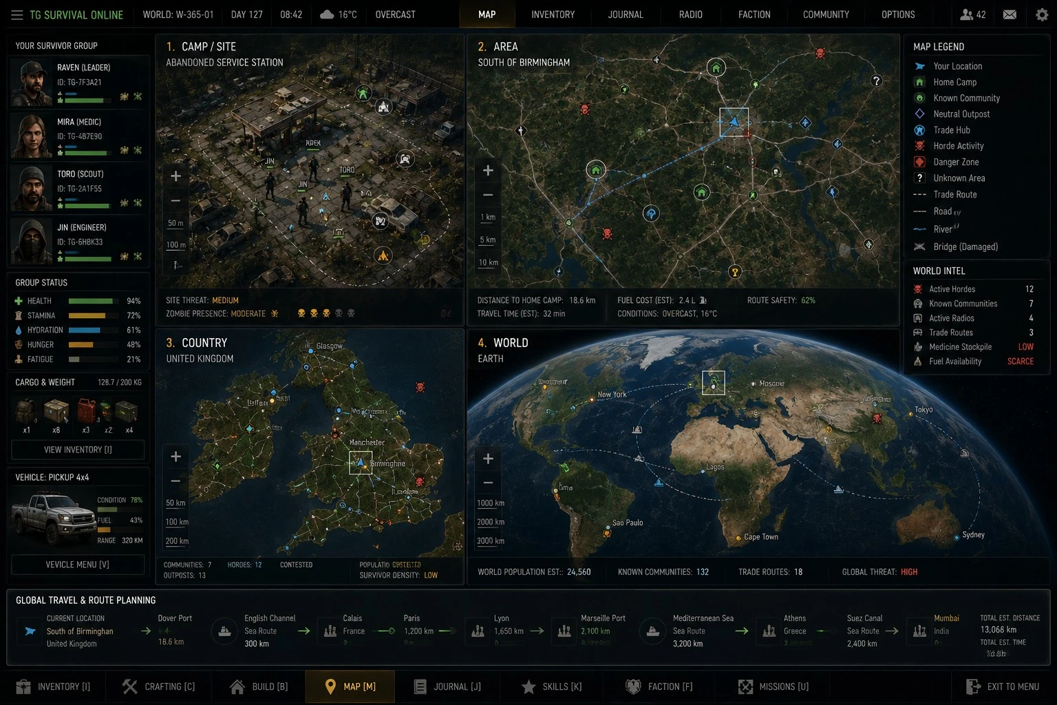 TG interface showing the connected site, area, country and world map levels
