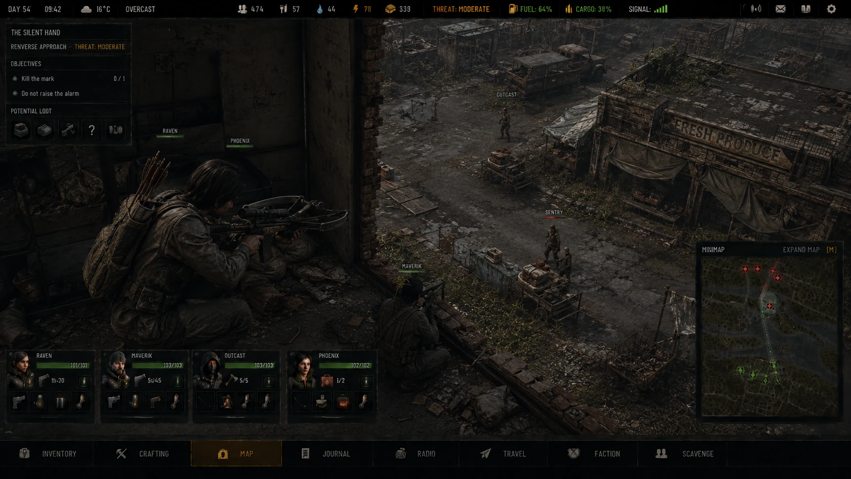 TG human conflict concept interface showing a survivor using a crossbow from an elevated concealed position above an occupied market street