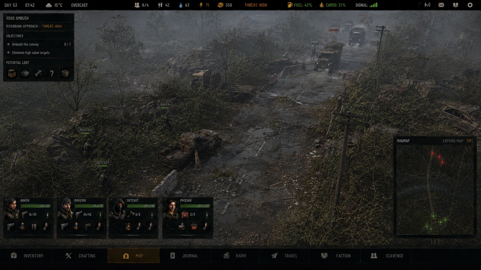 TG human conflict concept interface showing a hidden survivor group waiting beside a road for an approaching convoy