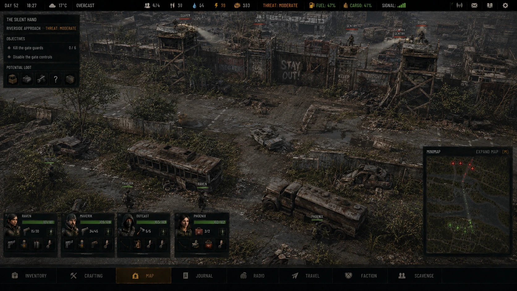 TG human conflict concept interface showing four attackers concealed outside a fortified settlement while sentries and guards patrol the walls