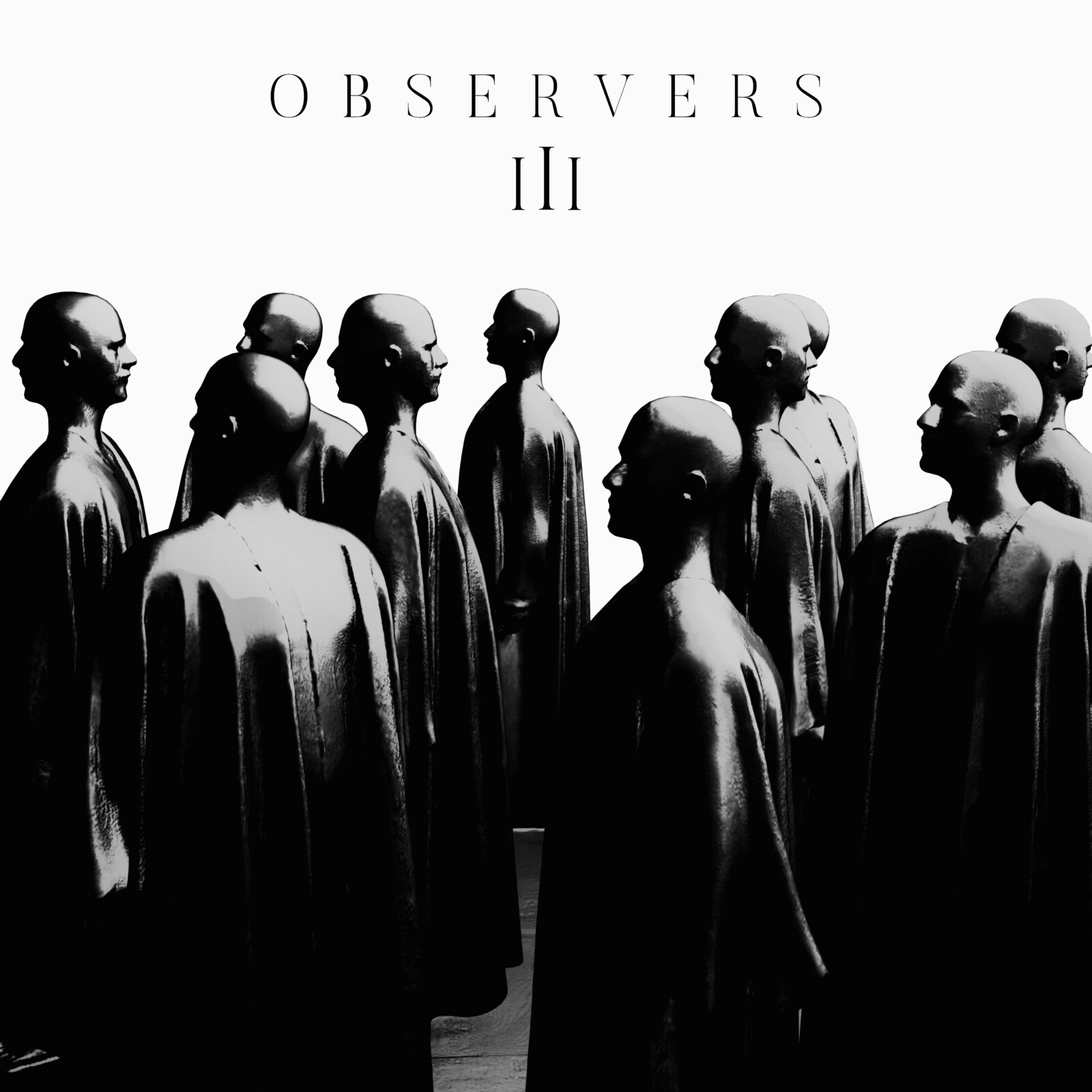 反復される人物像と向かい合う横顔を配した、IUS『OBSERVERS III』のモノクローム・アルバムカヴァー。